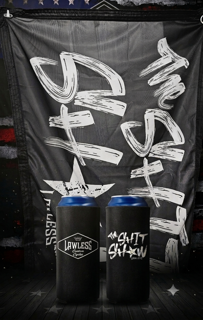 Lawless Custom Cycles garage flag and drink koozies biker accessories