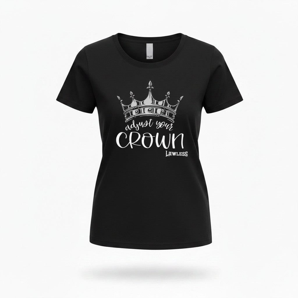 Black t-shirt with a glitter crown graphic and text 'Adjust Your Crown' . Design on the front