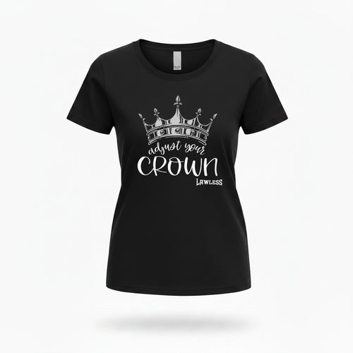 Black t-shirt with a glitter crown graphic and text 'Adjust Your Crown' . Design on the front