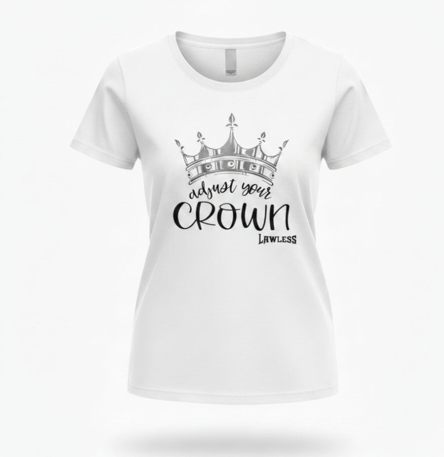 White t-shirt with a glitter crown graphic and text 'Adjust Your Crown' . Design on the front