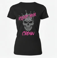 Black t-shirt with a skull wearing a crown graphic and text 'Adjust Your Crown' . Design on the back