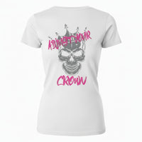 White t-shirt with a skull wearing a crown graphic and text 'Adjust Your Crown' . Design on the back