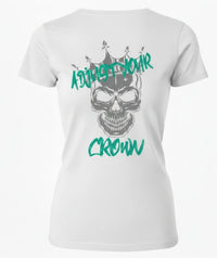 White t-shirt with a skull wearing a crown graphic and text 'Adjust Your Crown' . Design on the back
