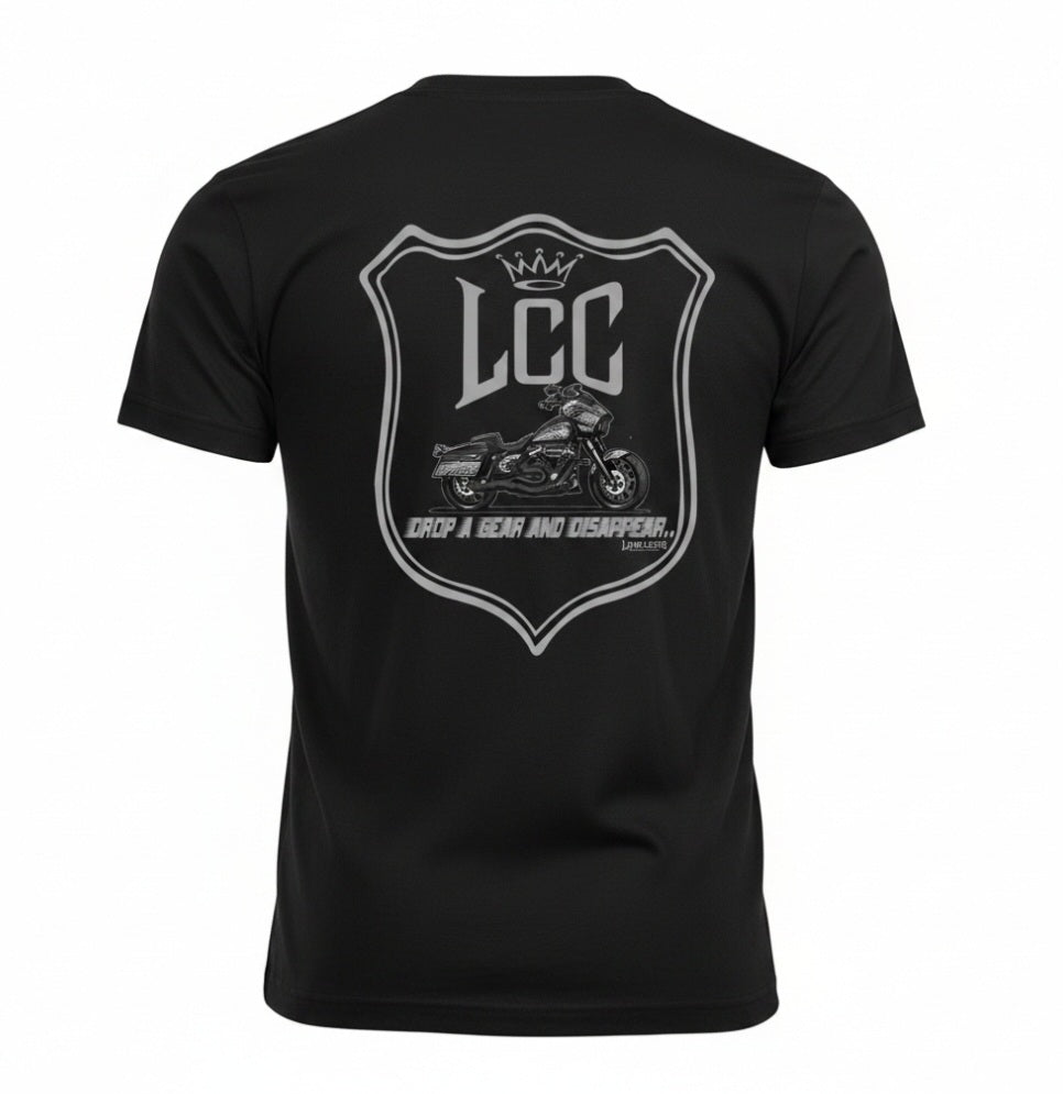 Black t-shirt with a gray graphic design on the back featuring the logo 'LCC' and a performance motorcycle.