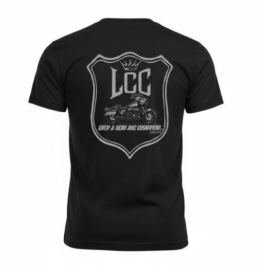 Black t-shirt with a gray graphic design on the back featuring the logo 'LCC' and a performance motorcycle.