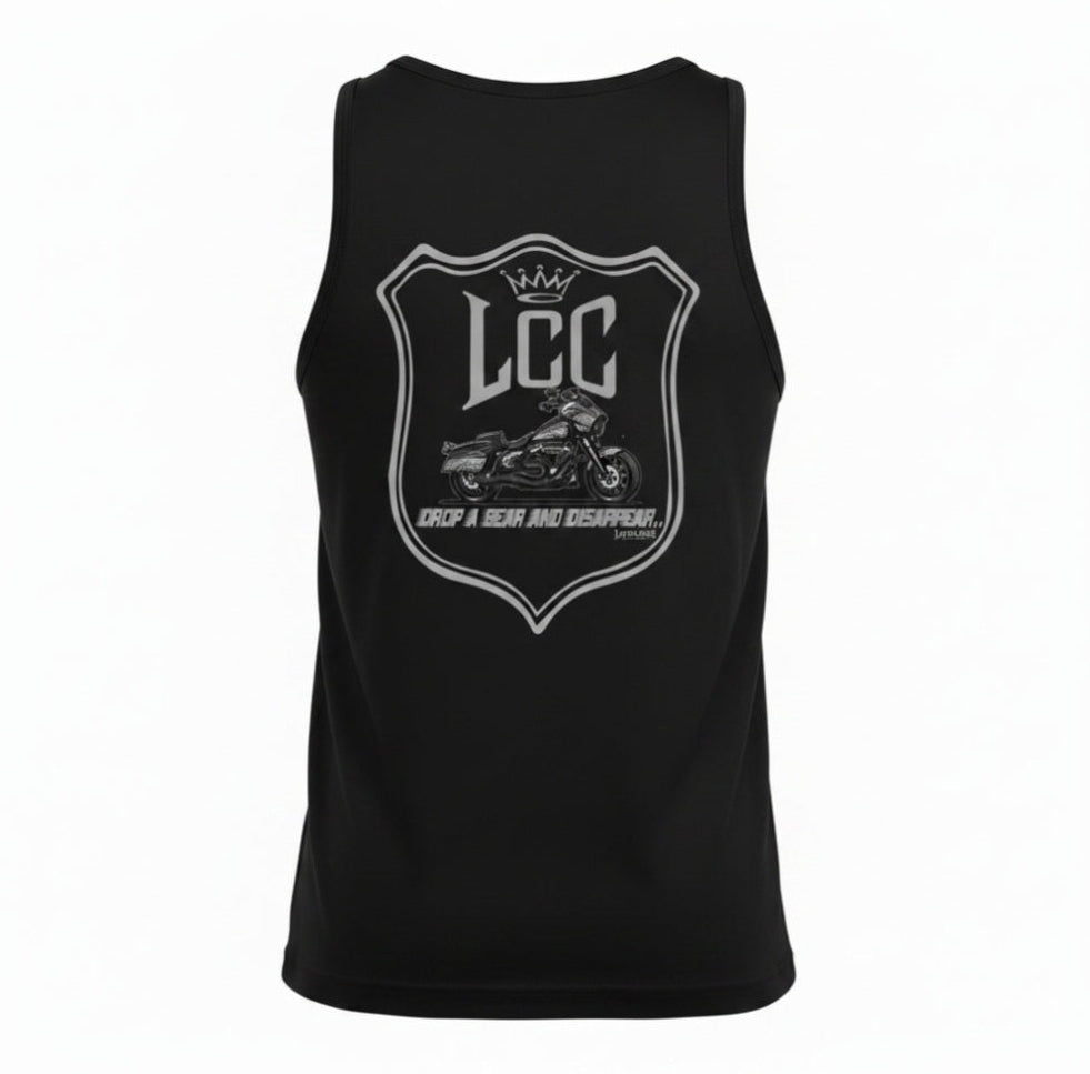 Black tank with a gray graphic design on the back featuring the logo 'LCC' and a performance motorcycle.
