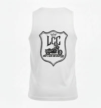 White tank with a black graphic design on the back featuring the logo 'LCC' Lawless and a performance motorcycle.