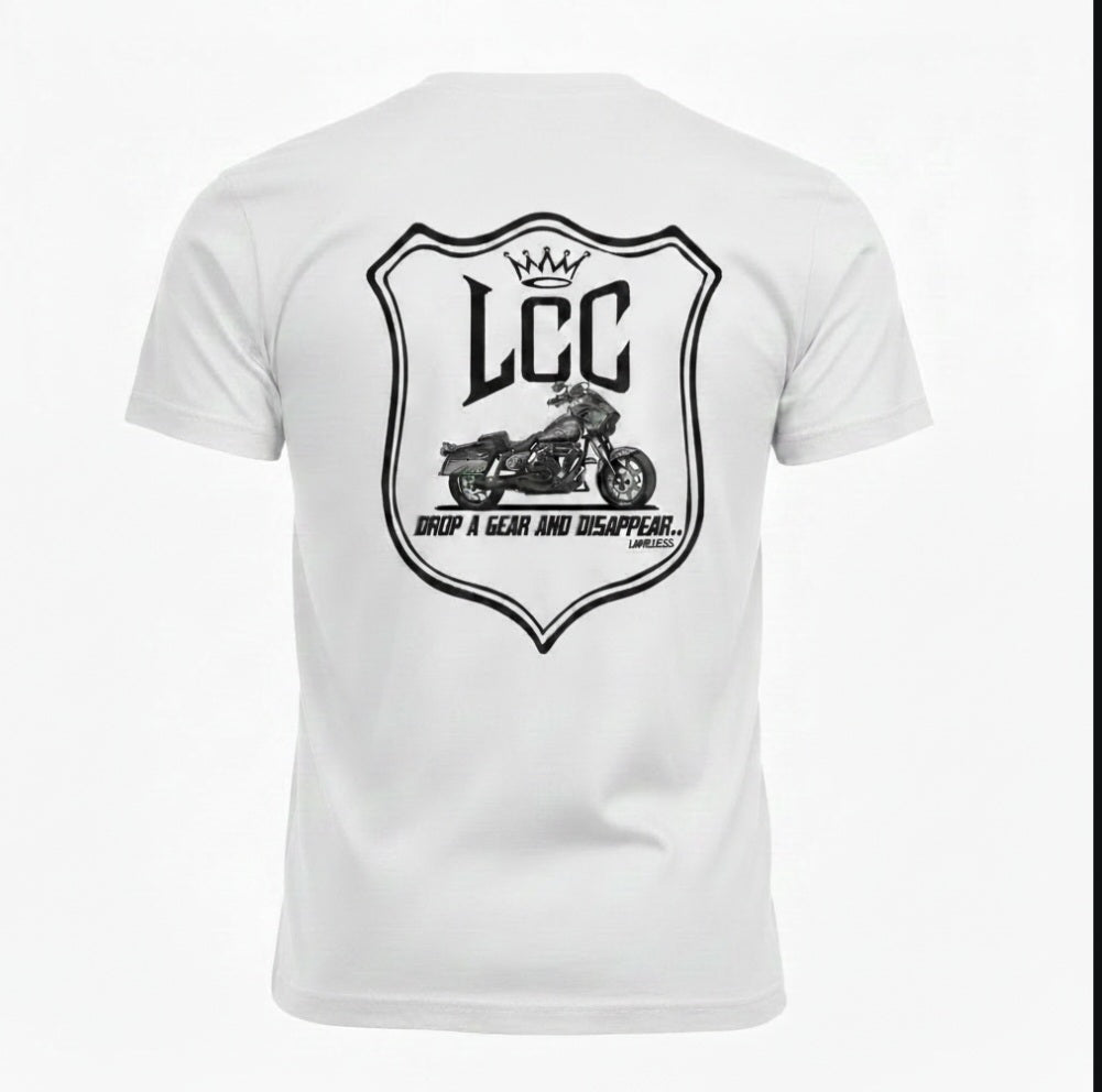 White t-shirt with a black graphic design on the back featuring the logo 'LCC' and a performance motorcycle.