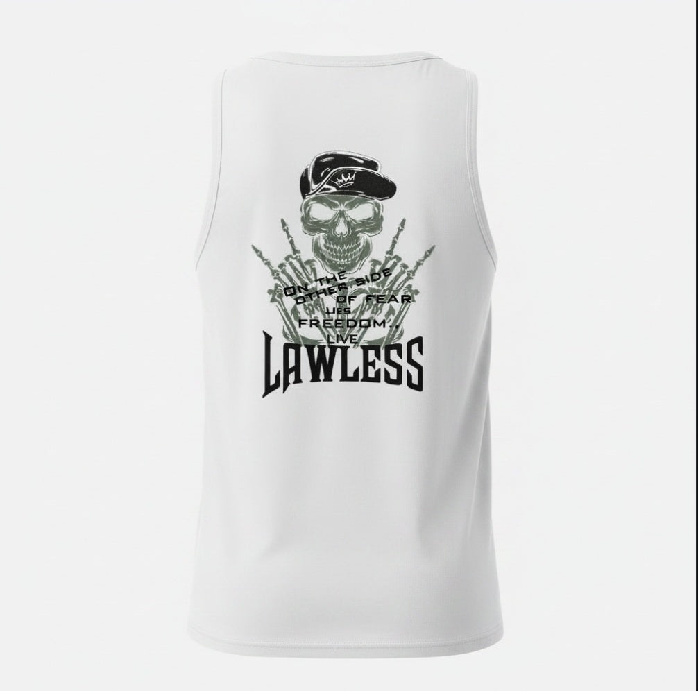 White tank with a skull graphic and black text 'On the Other Side of Fear Lies Freedom'. Design on the back 