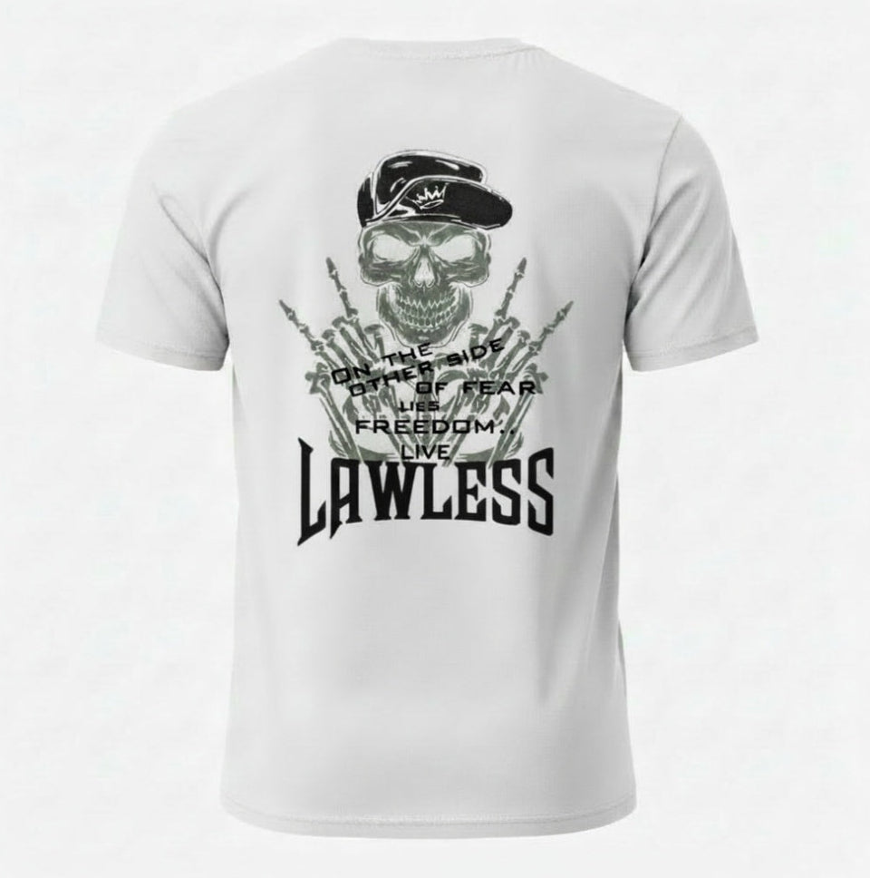 White t-shirt with a skull graphic and black text 'On the Other Side of Fear Lies Freedom'. Design on the back 