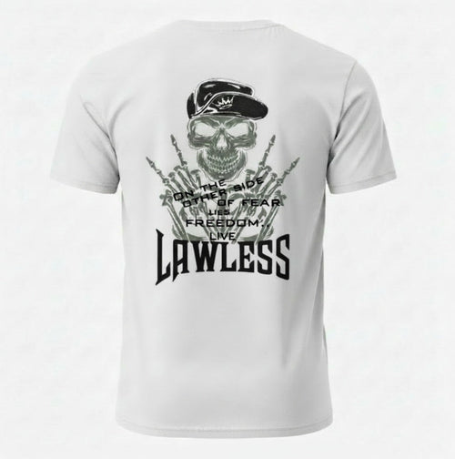 White t-shirt with a skull graphic and black text 'On the Other Side of Fear Lies Freedom'. Design on the back 
