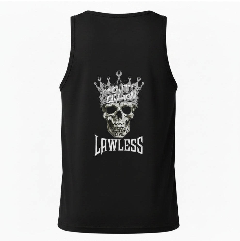 Black tank top with a skull wearing a crown and 'Welcome to the Shit Show Live Lawless' text. Design on the back.