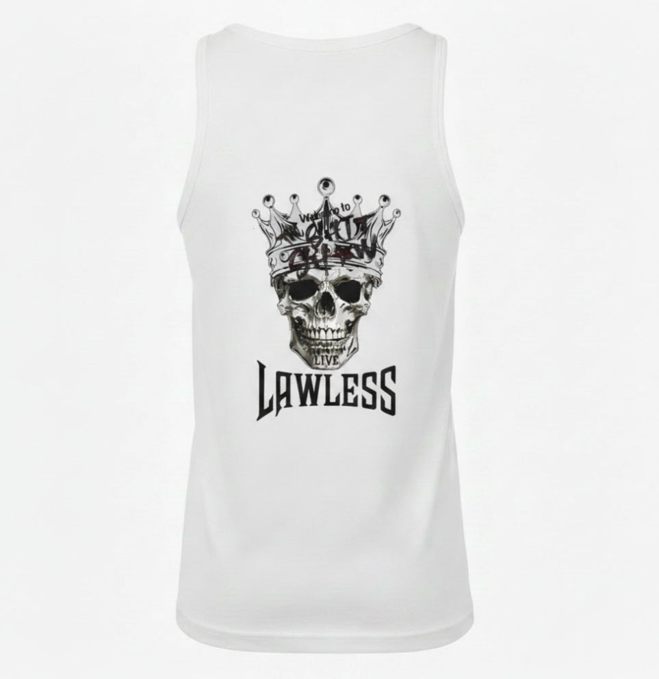 White tank top with a skull wearing a crown and 'Welcome to the Shit Show Live Lawless' text. Design on the back