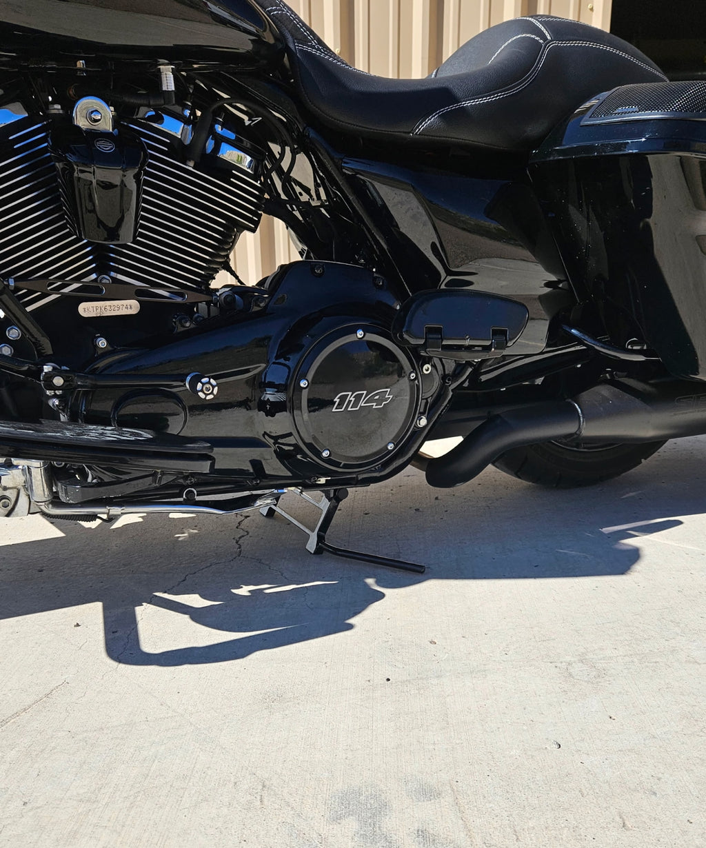 LawlessCC center stand installed on a Harley Touring motorcycle with air ride suspension.