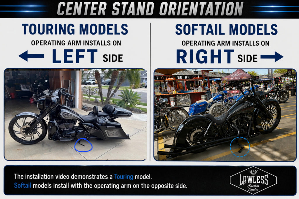 LawlessCC center stand orientation guide showing Touring models with the operating arm installed on the left side and Softail models with the operating arm installed on the right side. 