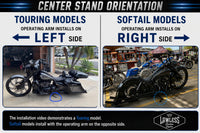 LawlessCC center stand orientation guide showing Touring models with the operating arm installed on the left side and Softail models with the operating arm installed on the right side. 