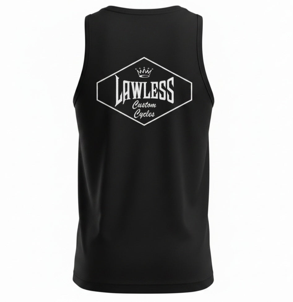 Black tank top with 'Lawless Custom Cycles' logo on the back