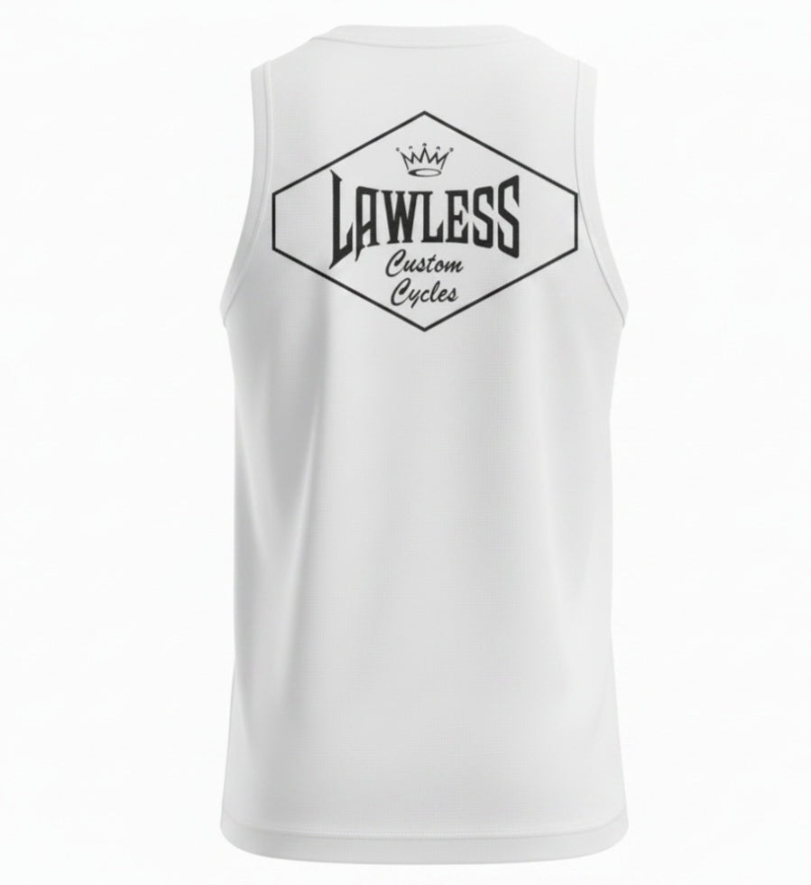 White tank top with 'Lawless Custom Cycles' logo on the back