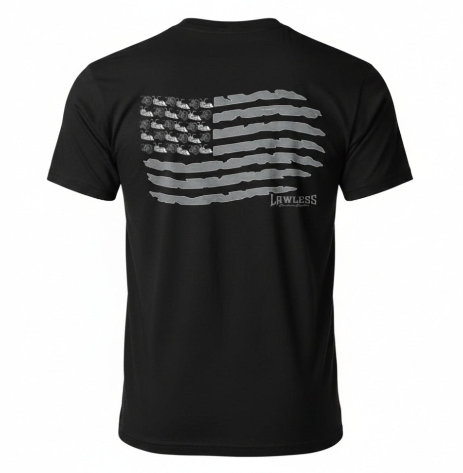 Black t-shirt with a gray American flag with motorcycles as the stars design on the back,