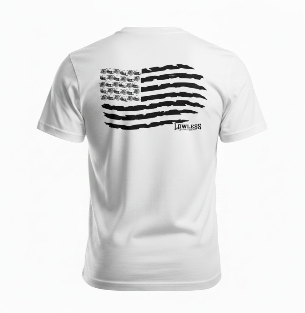 White t-shirt with black graphic American Flag with motorcycles as the stars design on the back
