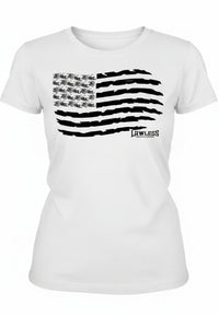white t-shirt with a black American flag and motorcycles as stars. design on the front. Lawless apparel