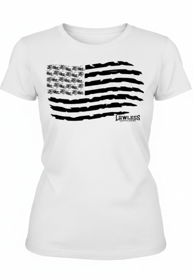 white t-shirt with a black American flag and motorcycles as stars. design on the front