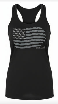 black racerback tank top with a gray American flag and motorcycles as stars. design on the front . Lawless apparel