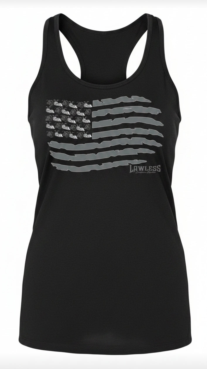 black racerback tank top with a gray American flag and motorcycles as stars. design on the front 