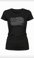 Black t-shirt with a distressed gray American flag graphic featuring motorcycles as the stars, printed on the front. Lawless apparel