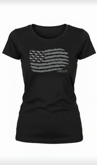 Black t-shirt with a distressed gray American flag graphic featuring motorcycles as the stars, printed on the front. Lawless apparel