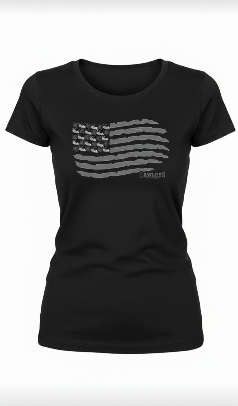 Black t-shirt with a gray American flag and motorcycles as stars. design on the front