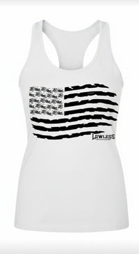 white racerback tank top with a black American flag and motorcycles as stars. design on the front . Lawless apparel 