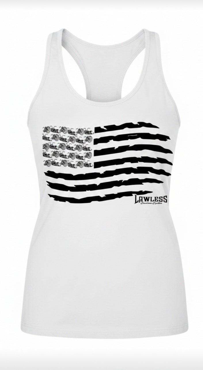 white racerback tank top with a black American flag and motorcycles as stars. design on the front  