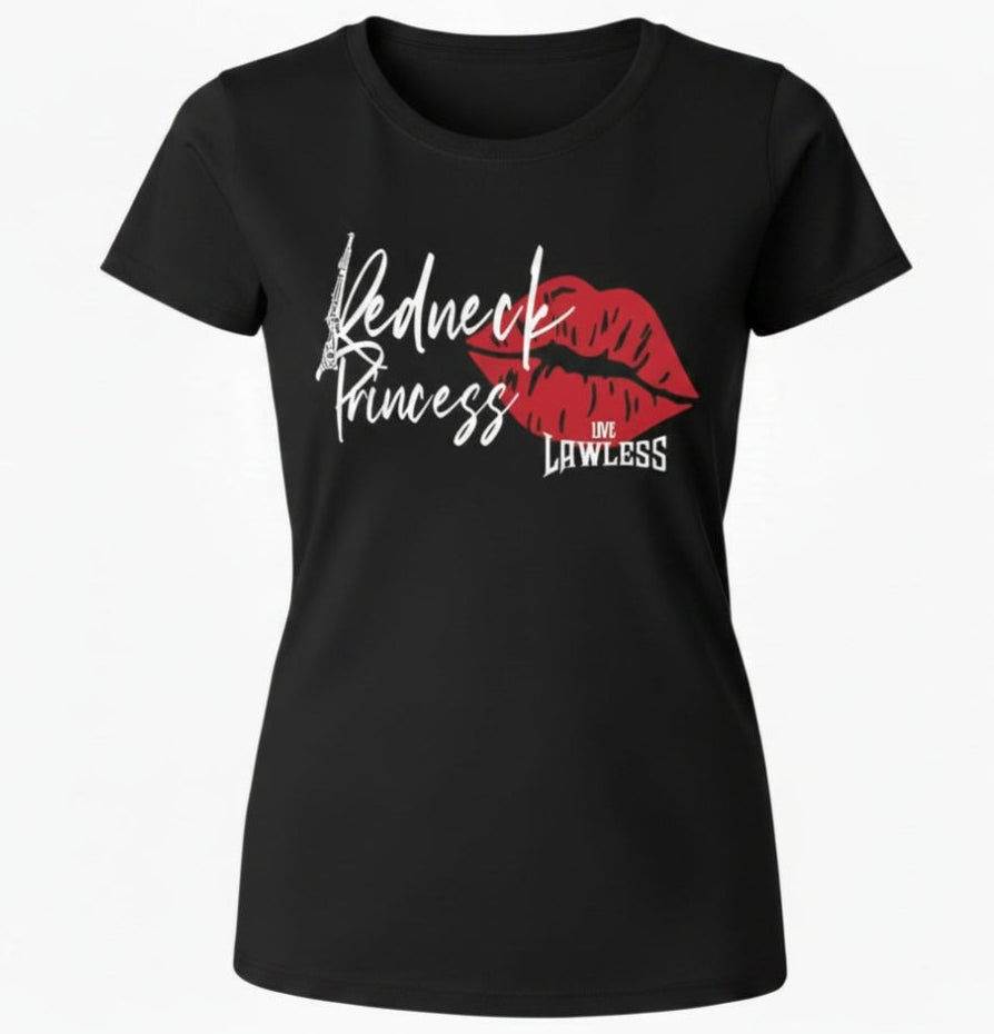 Black t-shirt with 'Redneck Princess' and lips and a rifle on the 'R' graphic on front of shirt