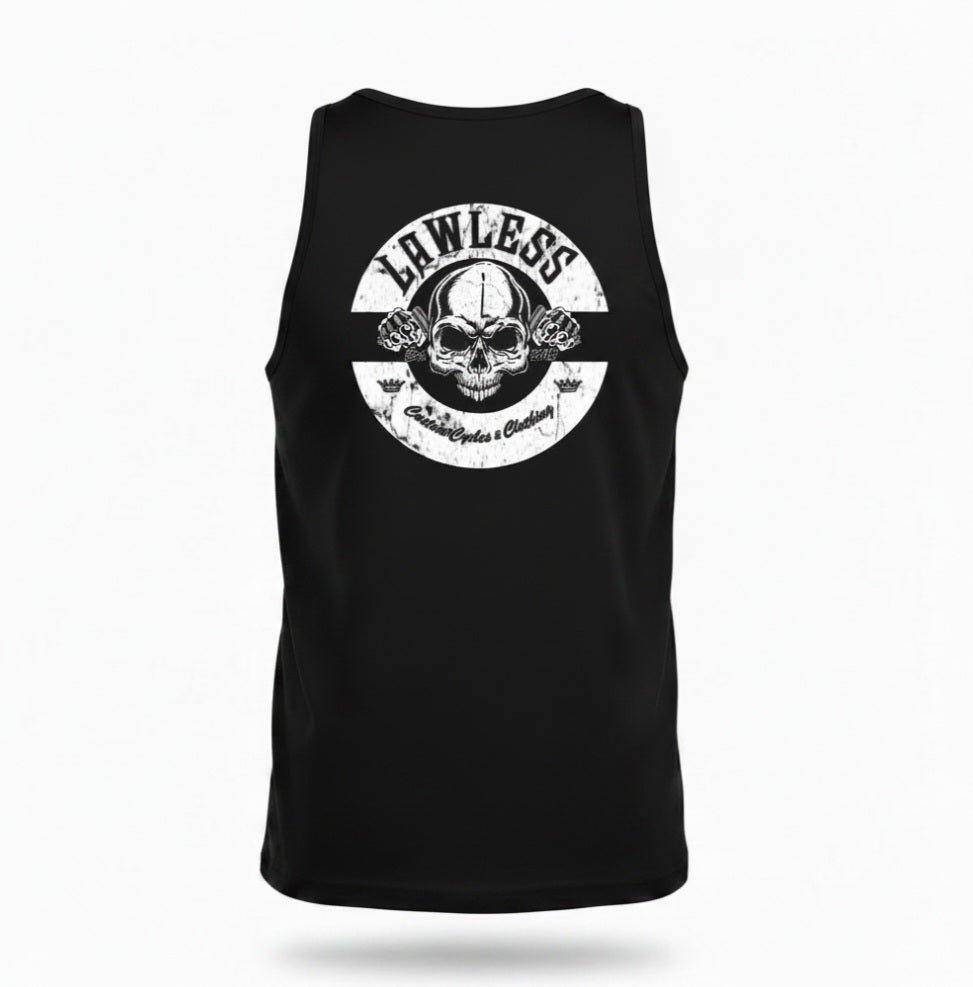 Lawless Custom Cycles Men's Premium Black Cotton Tank-Rocker Skull Logo
