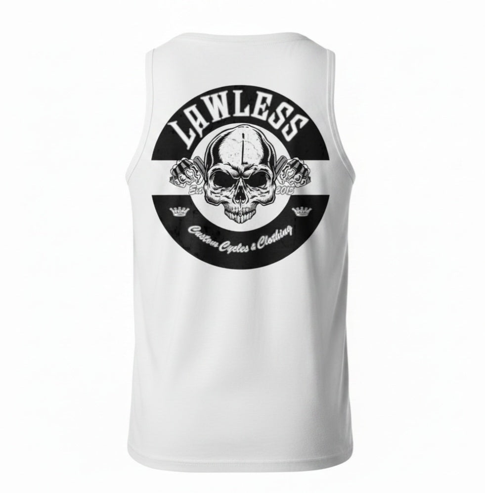Lawless Custom Cycles Men's Premium White Cotton Tank-Rocker  Skull Logo