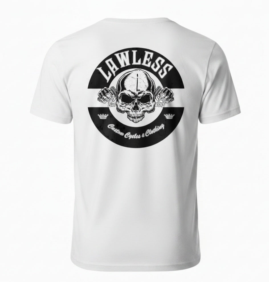 Lawless Custom Cycles Men's Premium White Cotton Blend Tee-Rocker Logo