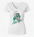 White VNeck tshirt with skull and roses design and 'Lawless' text