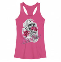 Pink tank top with skull and roses design and text 'Lawless'