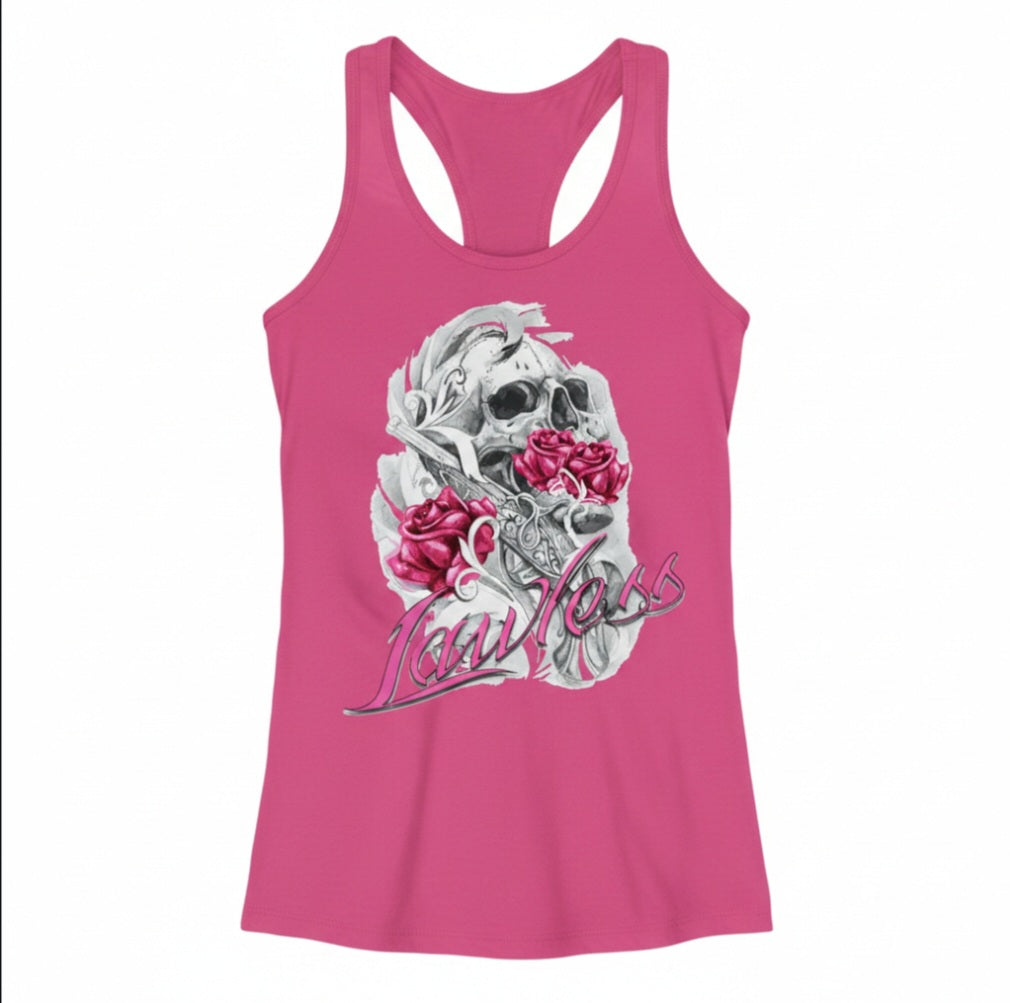 Pink tank top with skull and roses design and text 'Lawless'