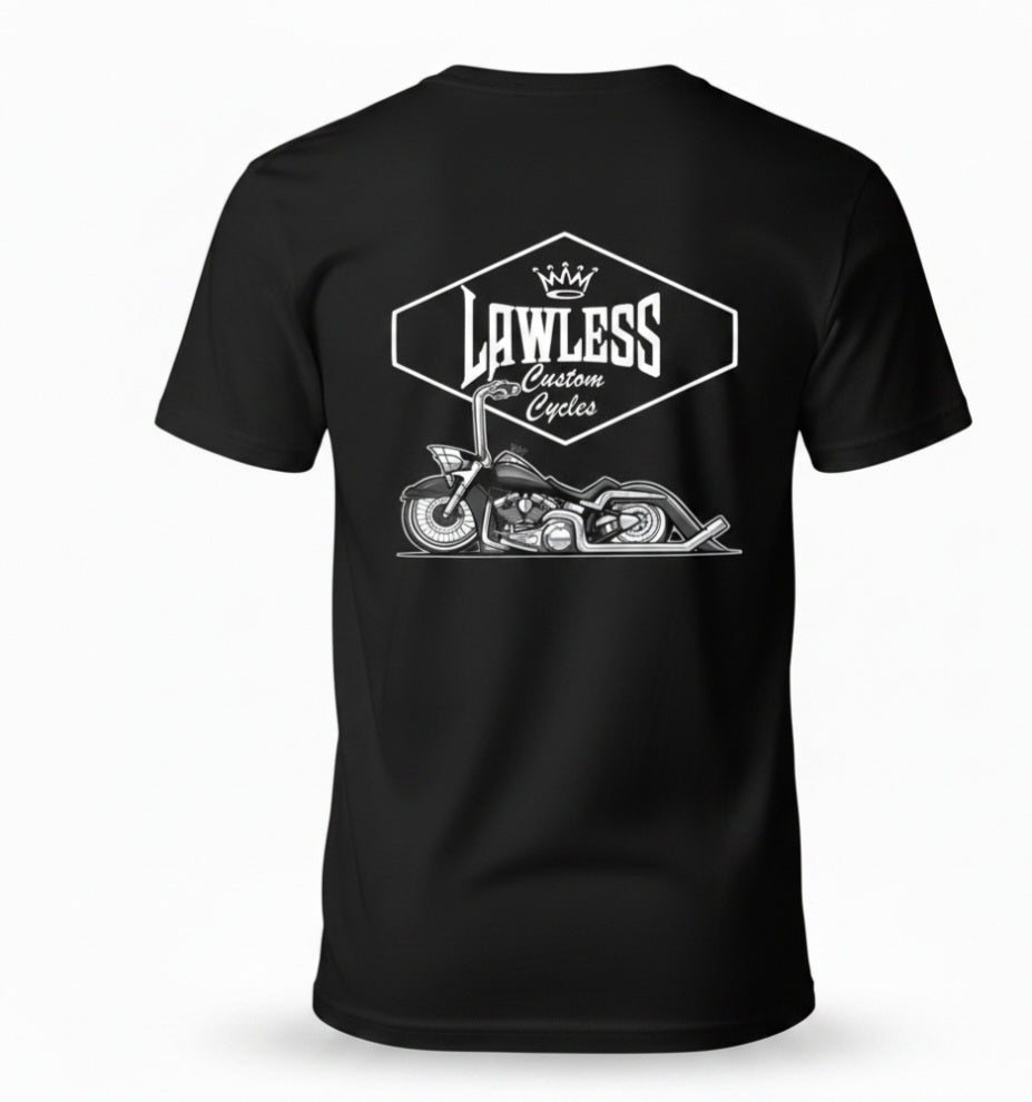 Black t-shirt with 'Lawless Custom Cycles' and Softail graphic . Design on the back