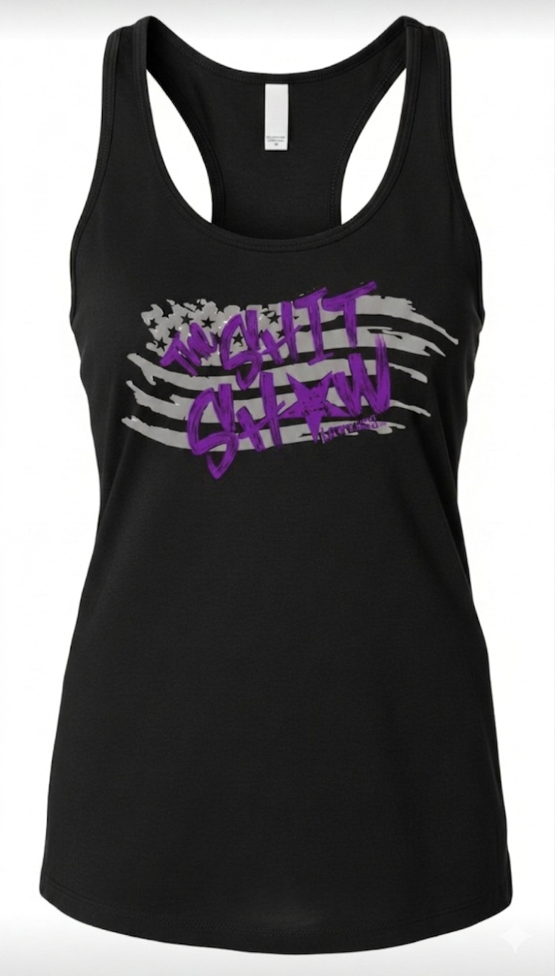 Black racerback tank top with gray American flag and purple text 'The Shit Show'. design on the front