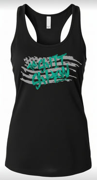 Black racerback tank top with gray American flag and teal text 'The Shit Show'. design on the front