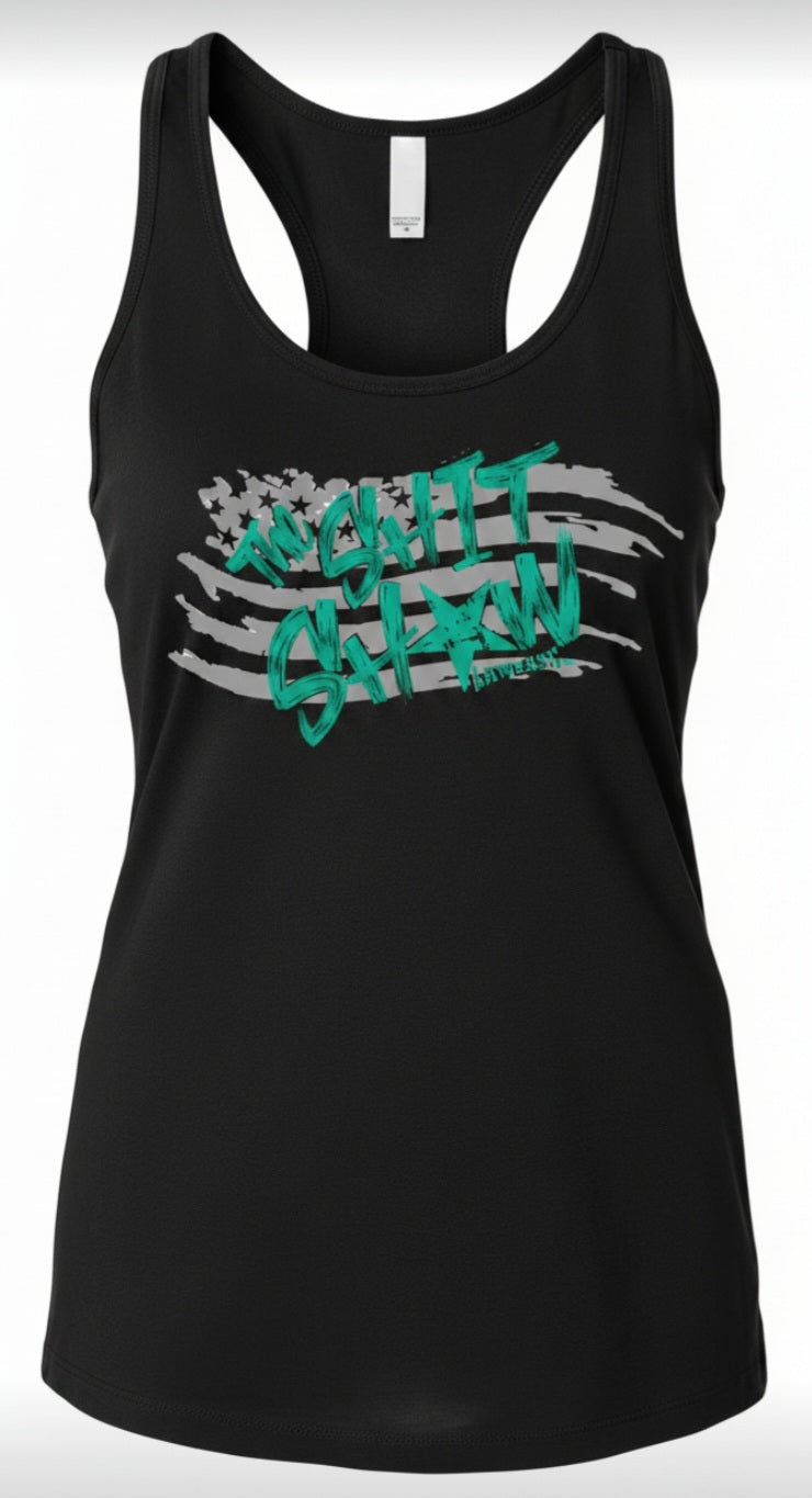 Black racerback tank top with gray American flag and teal text 'The Shit Show'. design on the front