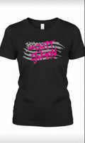 Black t-shirt with gray American flag and pink text 'The Shit Show'. design on the front
