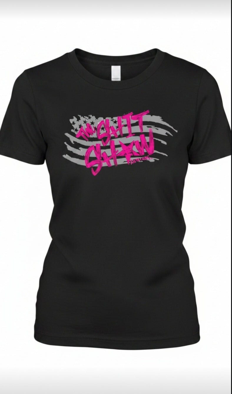 Black t-shirt with gray American flag and pink text 'The Shit Show'. design on the front