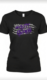 Black t-shirt with gray American flag and purple text 'The Shit Show'. design on the front