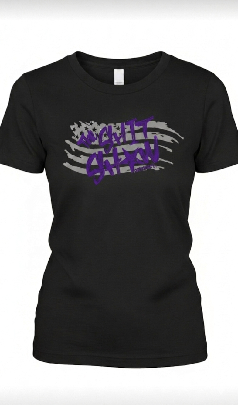 Black t-shirt with gray American flag and purple text 'The Shit Show'. design on the front