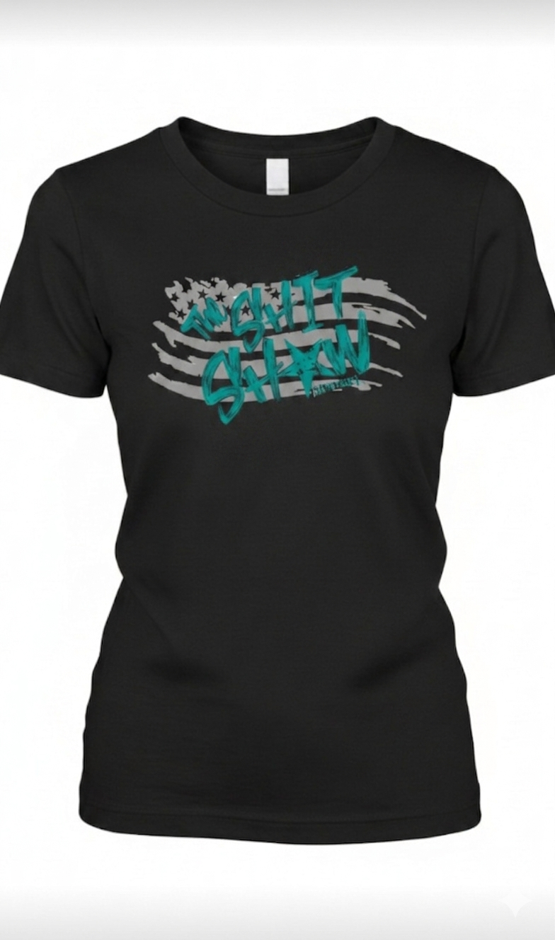 Black t-shirt with gray American flag and teal text 'The Shit Show'. design on the front