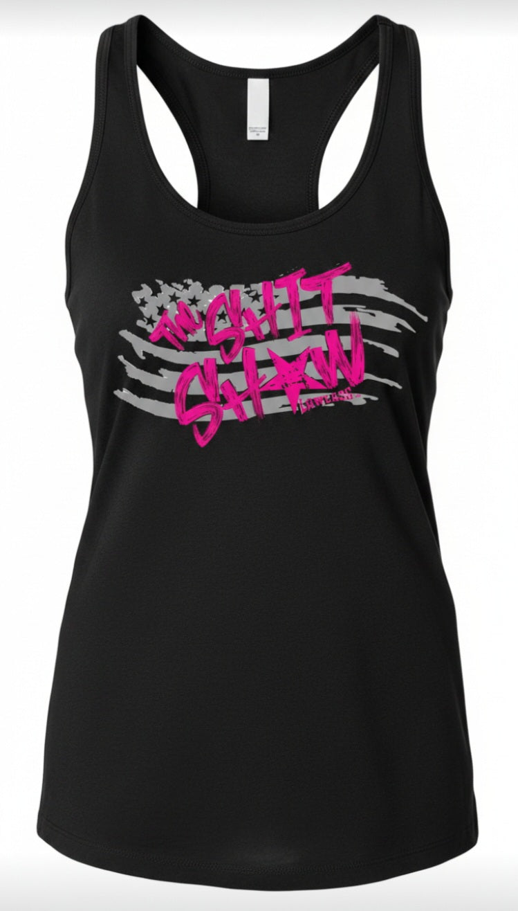 Black racerback tank top with gray American flag and pink text 'The Shit Show'. design on the front